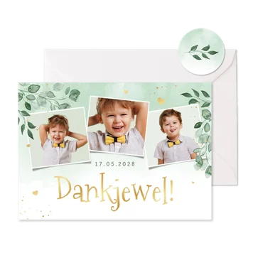 Bedankkaart communie lentefeest waterverf foto goud hartjes
